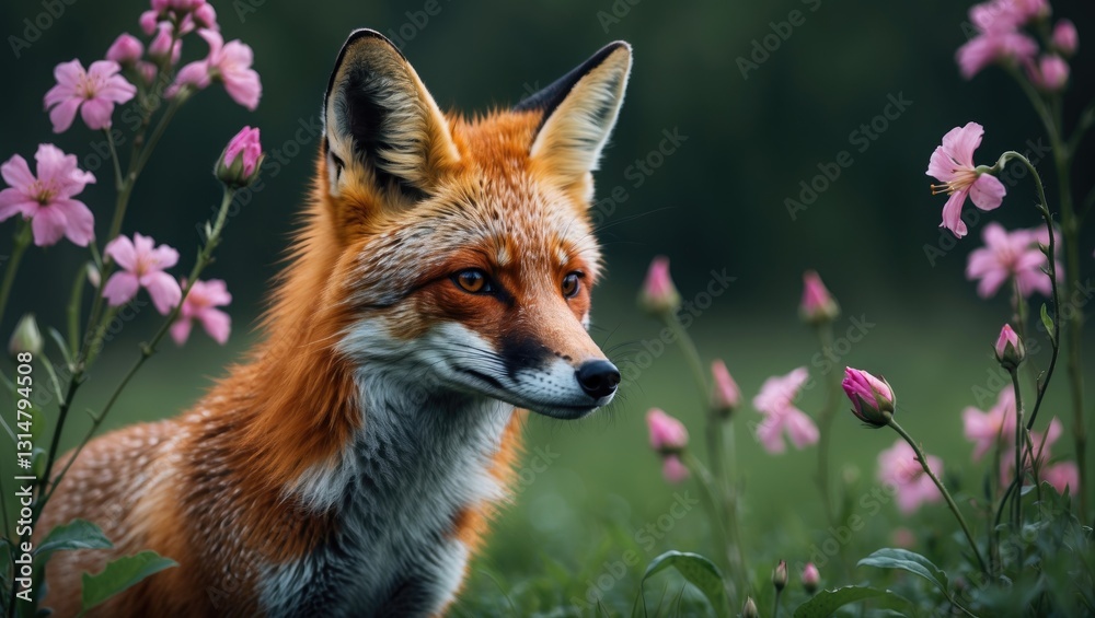 Fototapeta premium Portrait of a wild red fox observing from a green meadow surrounded by pink flowers. Detail on the head of an animal in nature.
