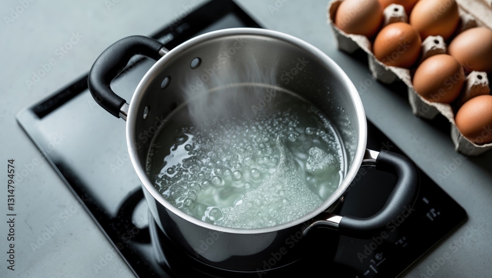Pot with steaming water on electric stove in the kitchen, overhead view. Pot with steaming water on electric stove in the kitchen, overhead view.