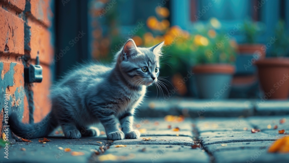 Obraz premium A grey kitten looking outside, appearing sad.