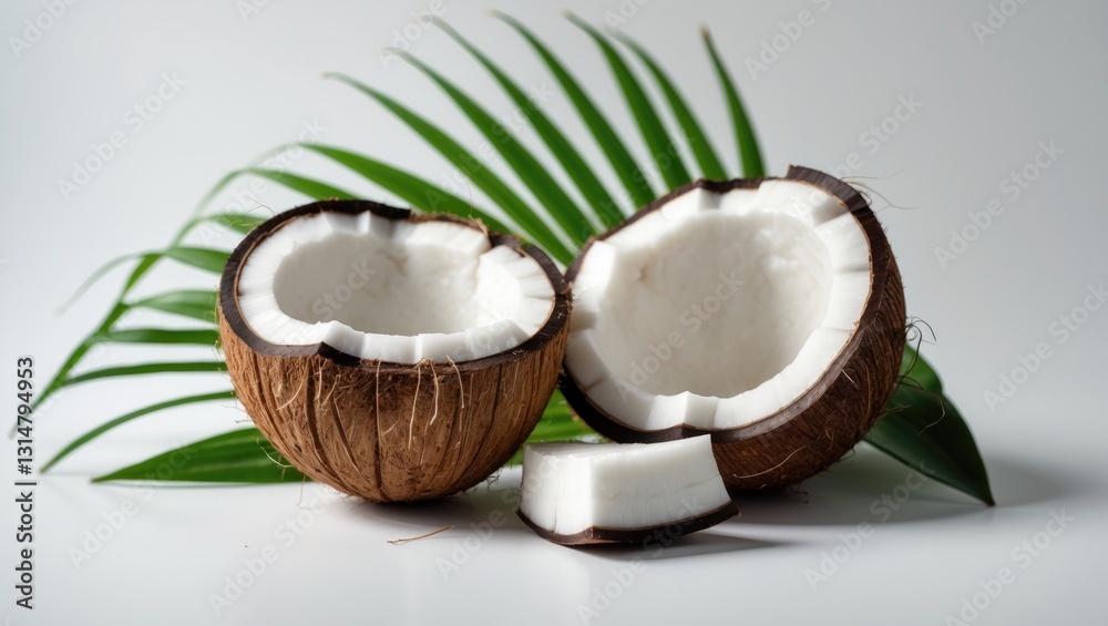 Coconut isolated. Half a coconut with a slice and piece set against a white background. Coconut accompanied by a leaf. Full depth of field. Ideal photo. Coconut isolated. Half a coconut with a slice and piece set against a white background. Coconut accompanied by a leaf. Full depth of field. Ideal photo.