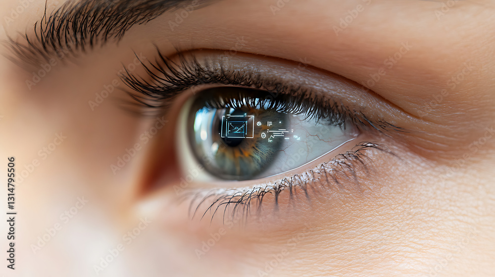 Realistic close-up animation of an augmented reality contact lens displaying real-time data and futuristic UI elements over a human eye Realistic close-up animation of an augmented reality contact lens displaying real-time data and futuristic UI elements over a human eye