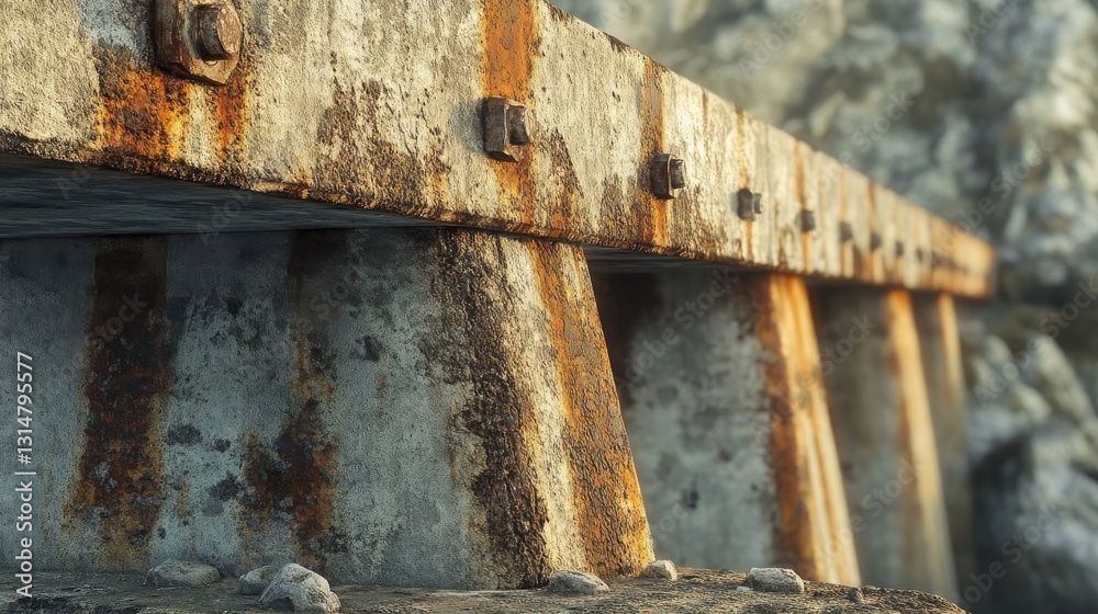 A weathered concrete structure shows signs of age and rust A weathered concrete structure shows signs of age and rust