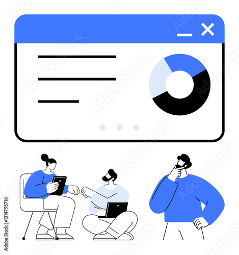 Group discussion with digital devices below a large screen showing a pie chart. Ideal for collaboration, analysis, teamwork, strategy, innovation, education, planning. Flat simple metaphor