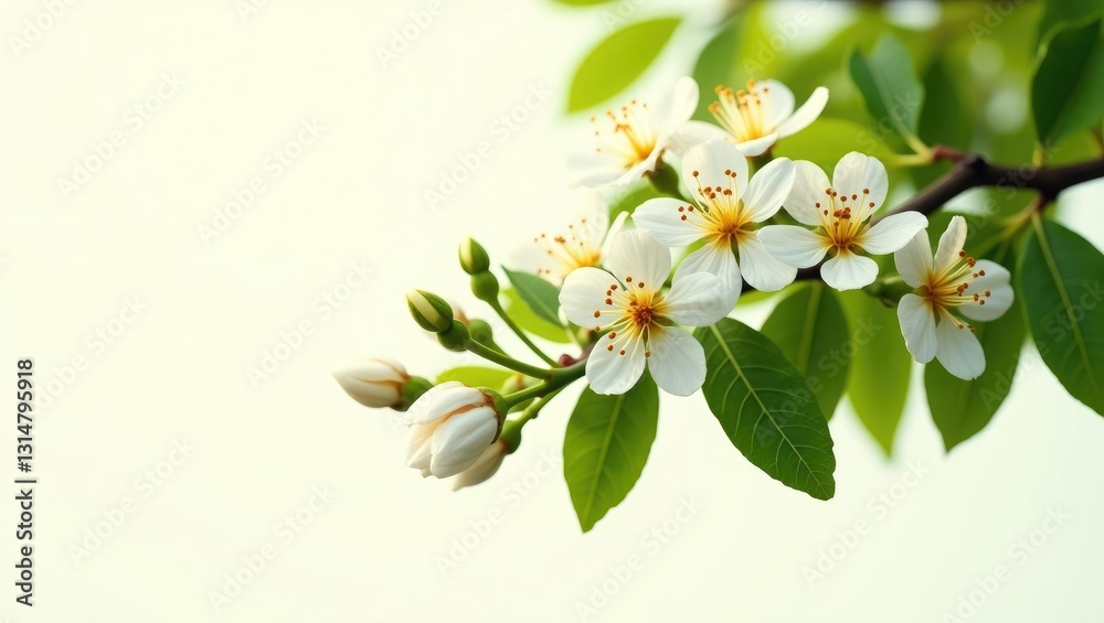 Fototapeta premium Orange tree branches featuring flowers, buds, and leaves set against white.