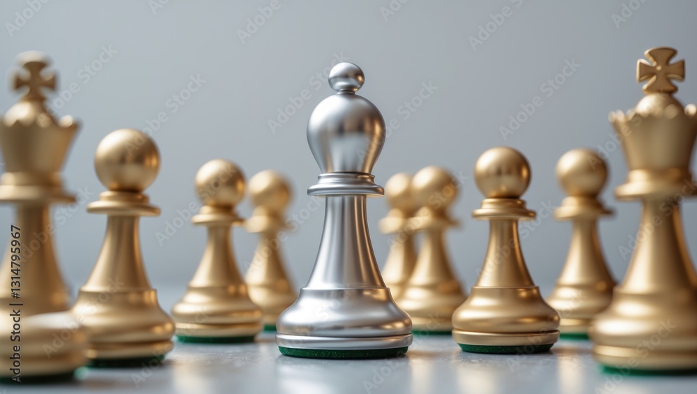 A silver chess pawn figure differentiates itself from a crowd of opponents or enemies. Concepts of strategy, success, management, business planning, disruption, winning, and leadership.