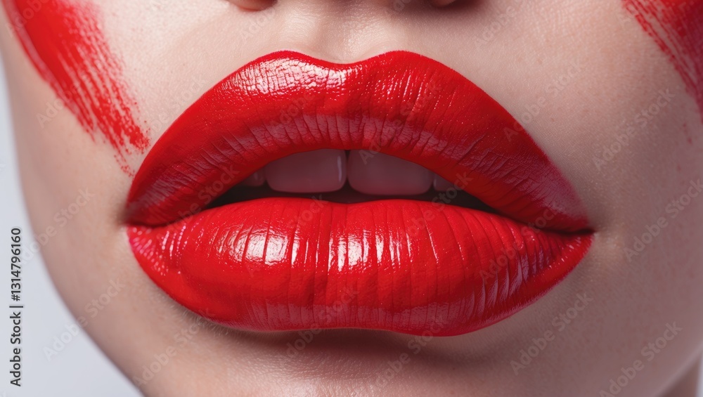 Red lips print on a pastel-colored surface with space for text. Close-up captured. Red lips print on a pastel-colored surface with space for text. Close-up captured.