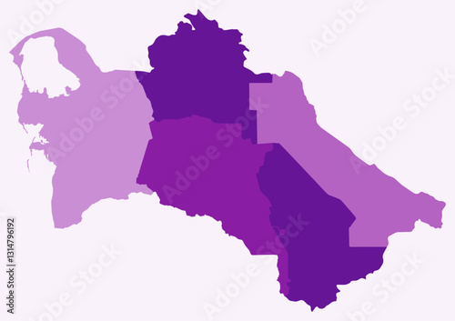 Map of Turkmenistan with regions. Just a simple country border map with region division. Purple color palette. Flat Turkmenistan shape with administrative division. Vector illustration.