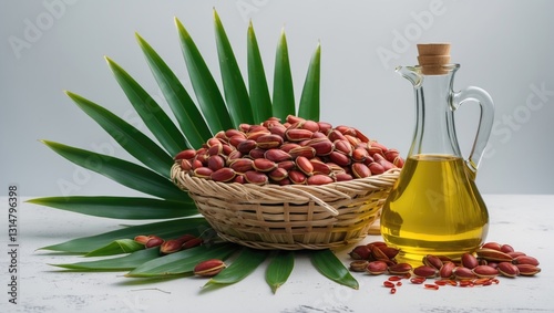 Red Oil Palm seed in a woven basket alongside a leaf and glass container of cooking oil against a white backdrop. Oil can be utilized in the food sector and generate energy vital for the agricultur... photo