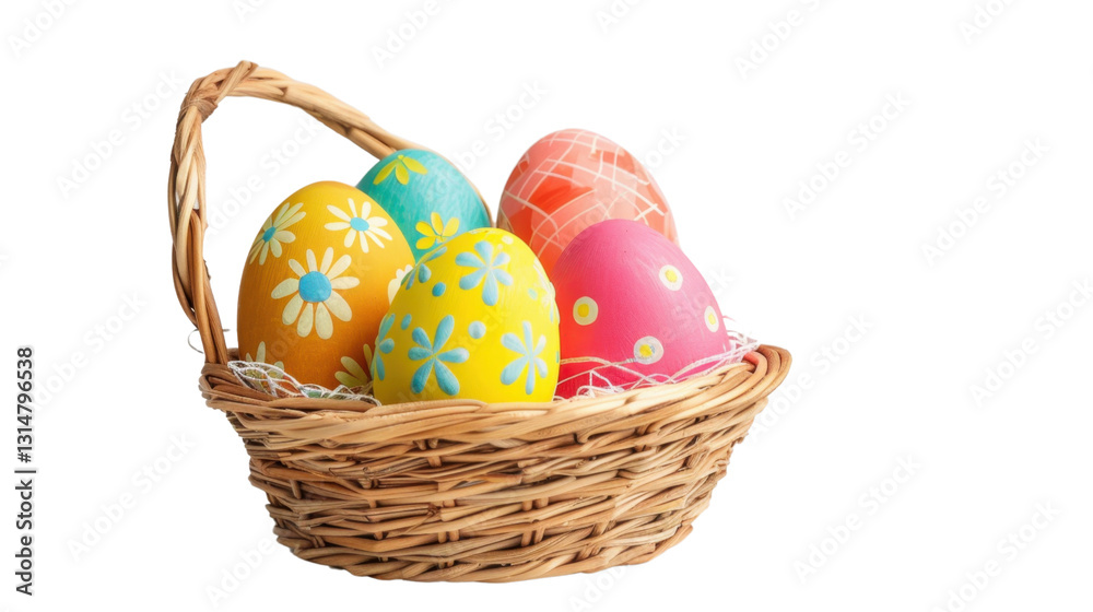 Naklejka premium Wicker basket brimming with colorful decorated easter eggs on transparent background
