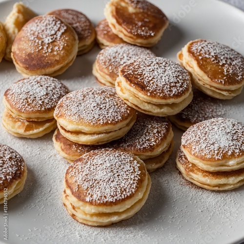 A plate of Dutch poffertjes (mini pancakes) dusted with powdered sugar on white background