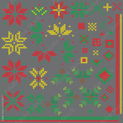 Colorful Knit Patterns: A collection of vibrant knit patterns featuring a variety of geometric and floral designs, perfect for textiles and backgrounds