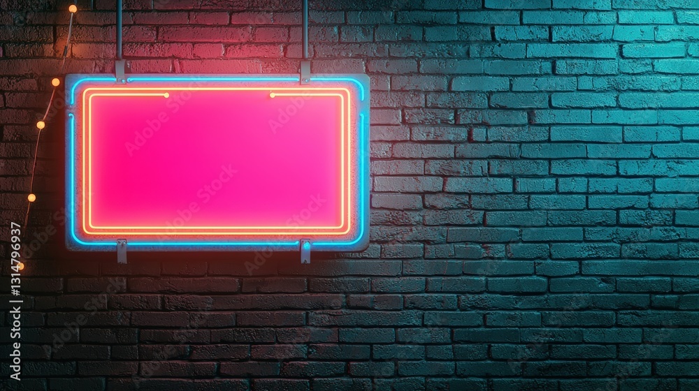 Fototapeta premium Retro Inspired Neon Sign Illuminating a Worn Brick Wall with Vibrant Colors