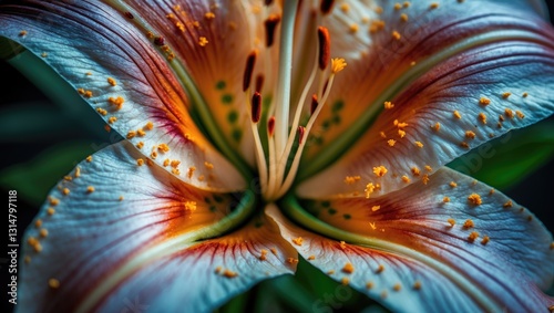 Nature close-up - macro photograph of the interior of an orange lily flower, highlighting visible pollen.