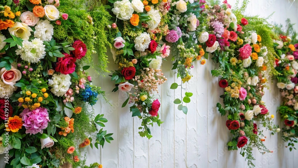 Naklejka premium White wall adorned with vibrant flowers, leaves on one side, and a lush floral bunch on the other side