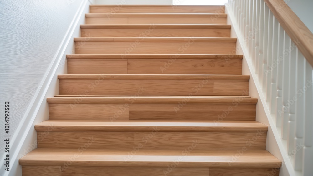 Fototapeta premium Newly Installed Hardwood Floors on Staircase, View from Below, Focus on Bullnose and Baseboard