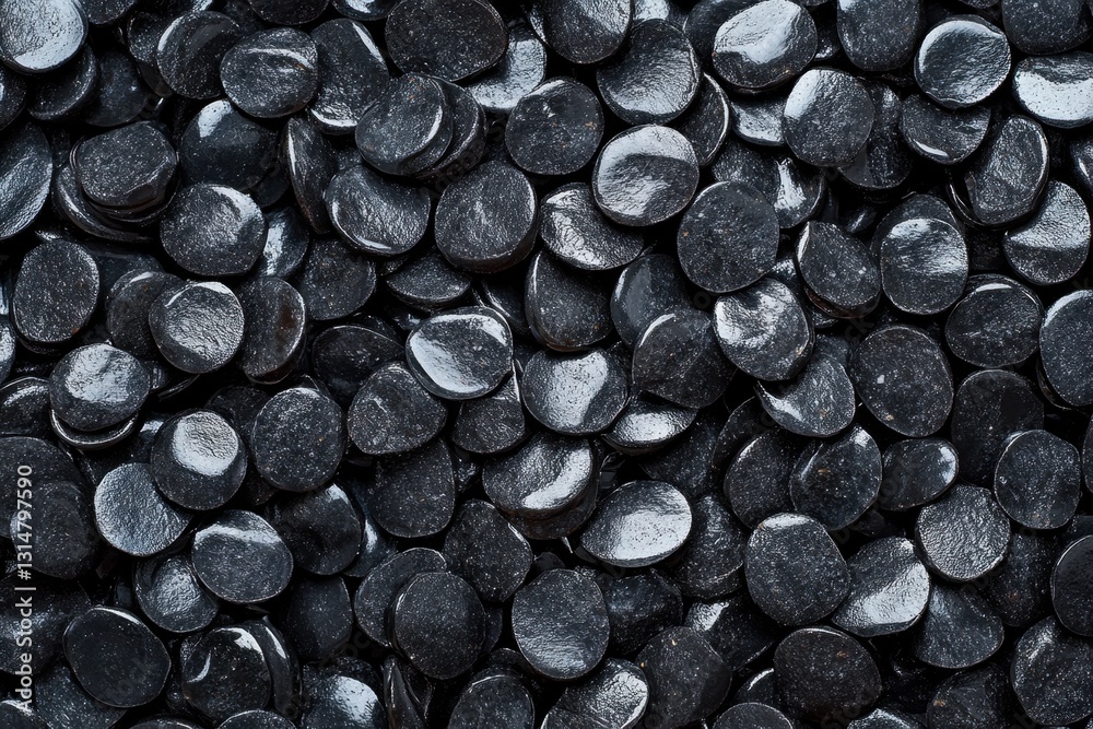 Dense array of shiny black pastilles creating a textured background with subtle light play and intriguing depth from a high angle perspective Dense array of shiny black pastilles creating a textured background with subtle light play and intriguing depth from a high angle perspective