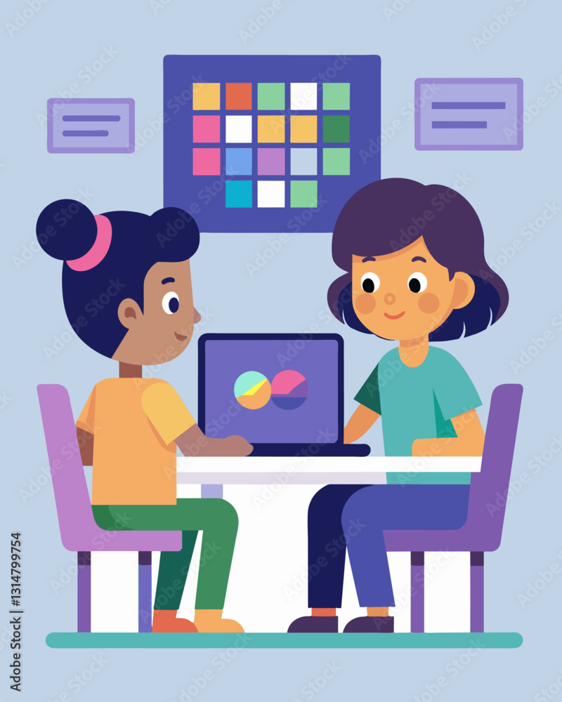 Two siblings sitting at their desk discussing the perfect color scheme for their new website as they scroll through various CSS options.. Vector illustration Two siblings sitting at their desk discussing the perfect color scheme for their new website as they scroll through various CSS options.. Vector illustration