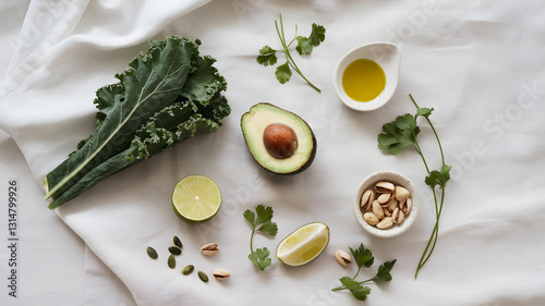 Wallpaper Mural Fresh ingredients arranged artfully on a white cloth, showcasing healthy food preparation elements Torontodigital.ca
