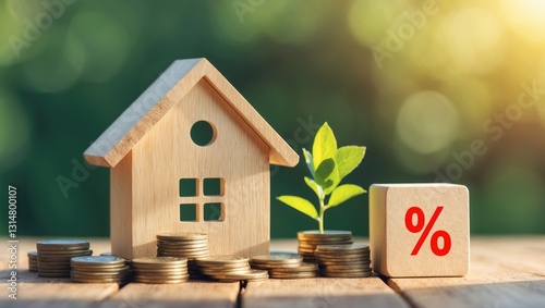 Mortgage rates investment concept in housing real estate with interest rates and 3D home appraisal. Planning savings with coins for buying a home idea related to property ladder, mortgage, and real...