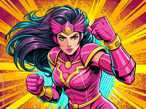 Pop art comic book style super heroine women punching with female superhero costume poster design wall decoration illustration
