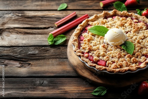 Delicious homemade rhubarb crumble pie with vanilla ice cream and fresh strawberries on rustic wooden table