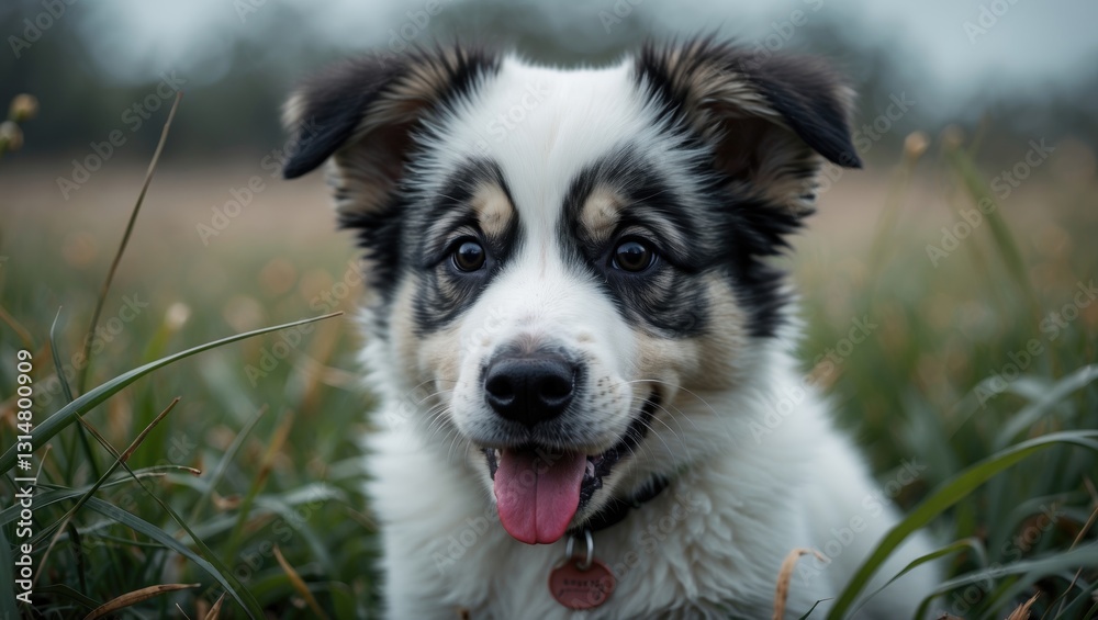 Cute black and white shepherd dog puppy with a red tongue in the grass close-up portrait. Cute black and white shepherd dog puppy with a red tongue in the grass close-up portrait.