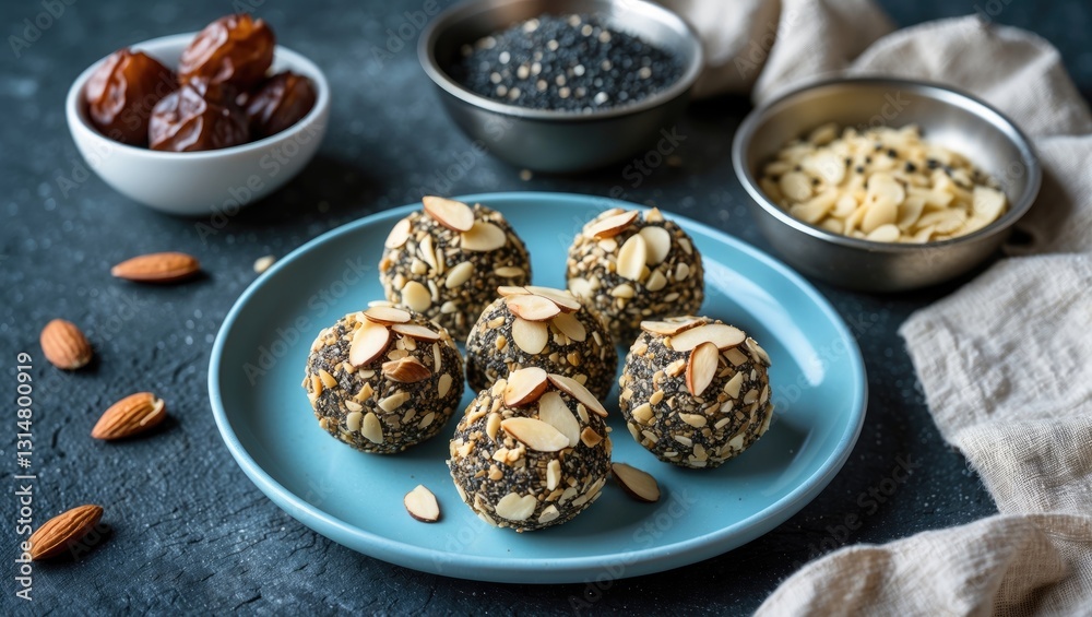 Nutritious raw poppy seed balls coated with almond flakes. Nutritious raw poppy seed balls coated with almond flakes.