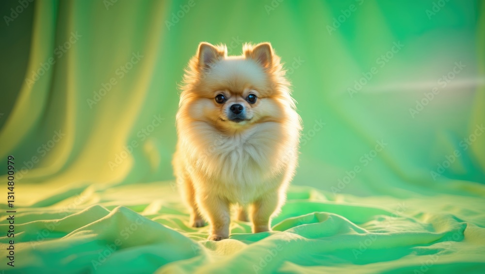 Obraz premium Adorable dog breed during the evening against a green backdrop.