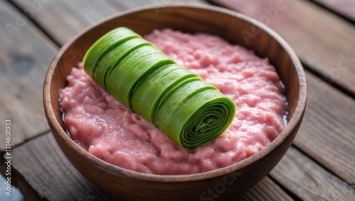 Pisang Ijo is a typical dessert of Indonesia, specifically from the region. The dish is visually striking, featuring a combination of pink and green colors.