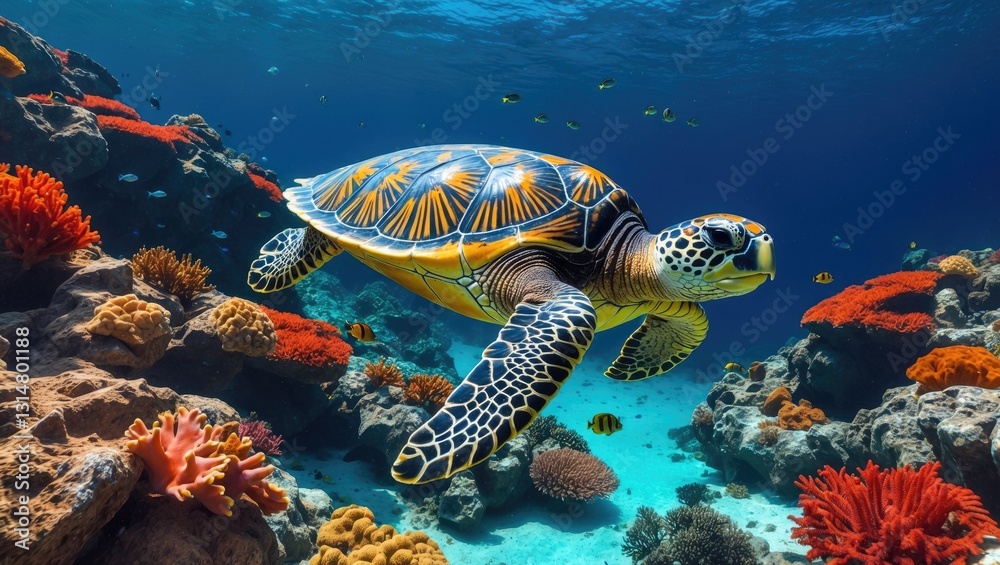 Obraz premium Diving with Sea Turtle, Affectionate Interaction while Discovering How to Act Around