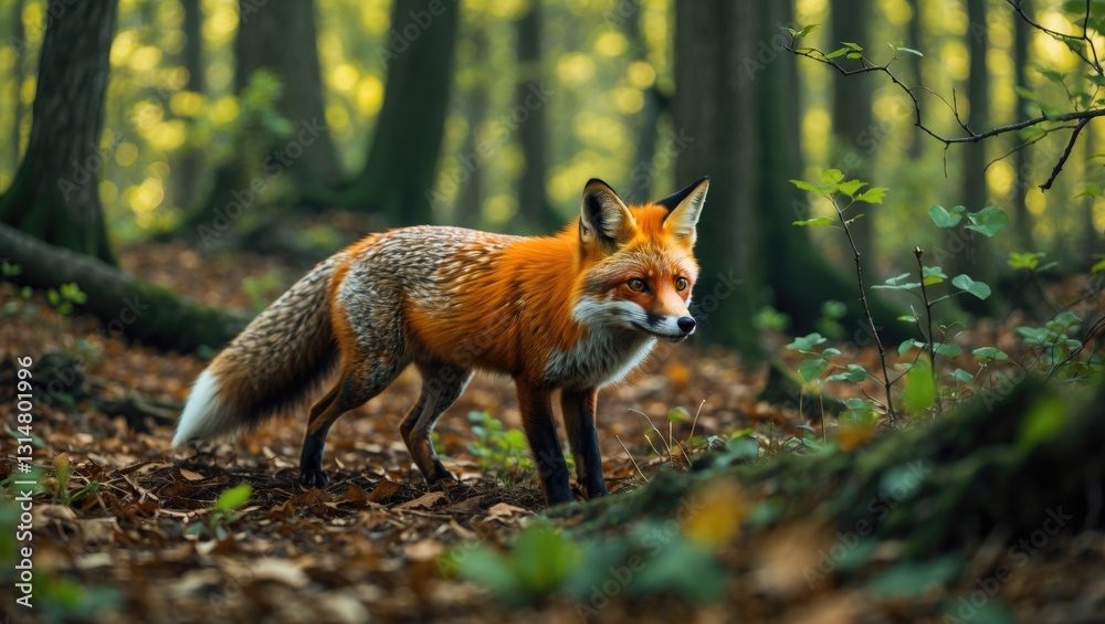 Fototapeta premium Red fox in the woods. Fox searching for food. Nature in the forest.