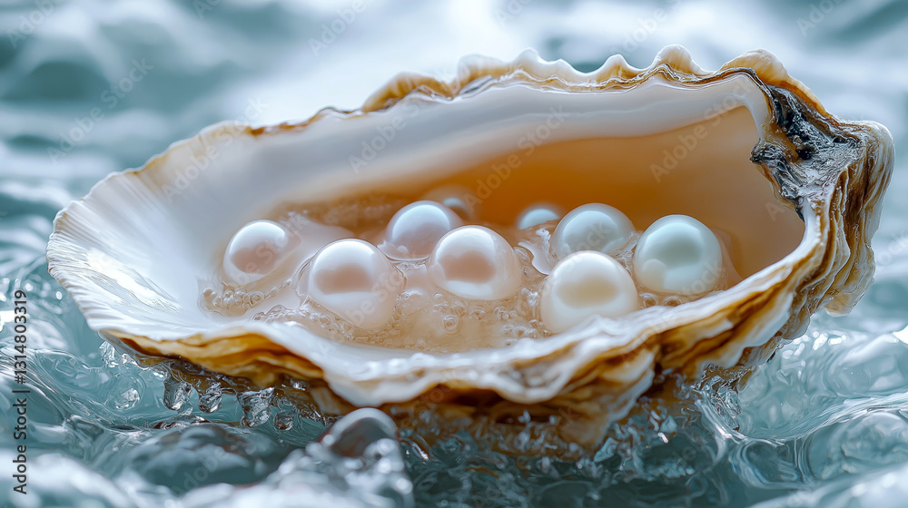 Beautiful oyster shell displaying multiple shimmering pearls in tranquil water setting. Open sea shell reveals a collection of gleaming pearls, floating in sea waters. Seashell with pearls Beautiful oyster shell displaying multiple shimmering pearls in tranquil water setting. Open sea shell reveals a collection of gleaming pearls, floating in sea waters. Seashell with pearls