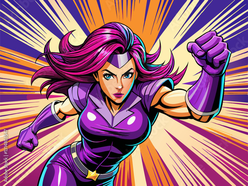 Pop art comic book style super heroine punching with violet female superhero costume poster design wall decoration illustration