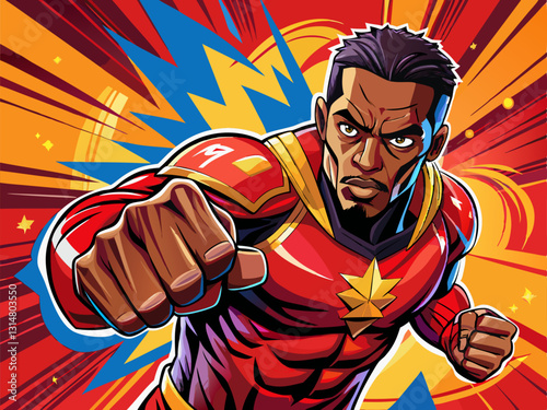 Pop art comic book style super hero punching with  superhero costume poster design wall decoration.