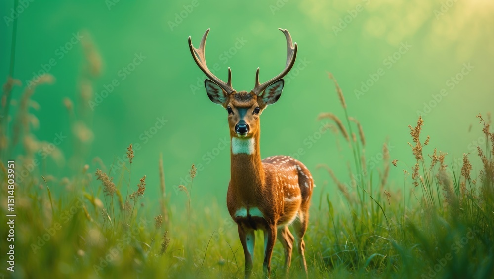Adorable summertime roe deer, buck standing in tall grass against a misty green background. Adorable summertime roe deer, buck standing in tall grass against a misty green background.