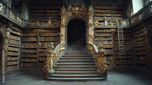 Ornate Library Staircase, Dusty Bookshelves, Antique Architecture