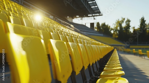 Empty stadium seats, sunlit grandstand photo