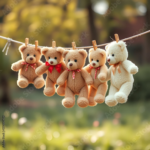 Nostalgic scene of teddy bears hanging from a clothesline, evoking childhood memories and innocence