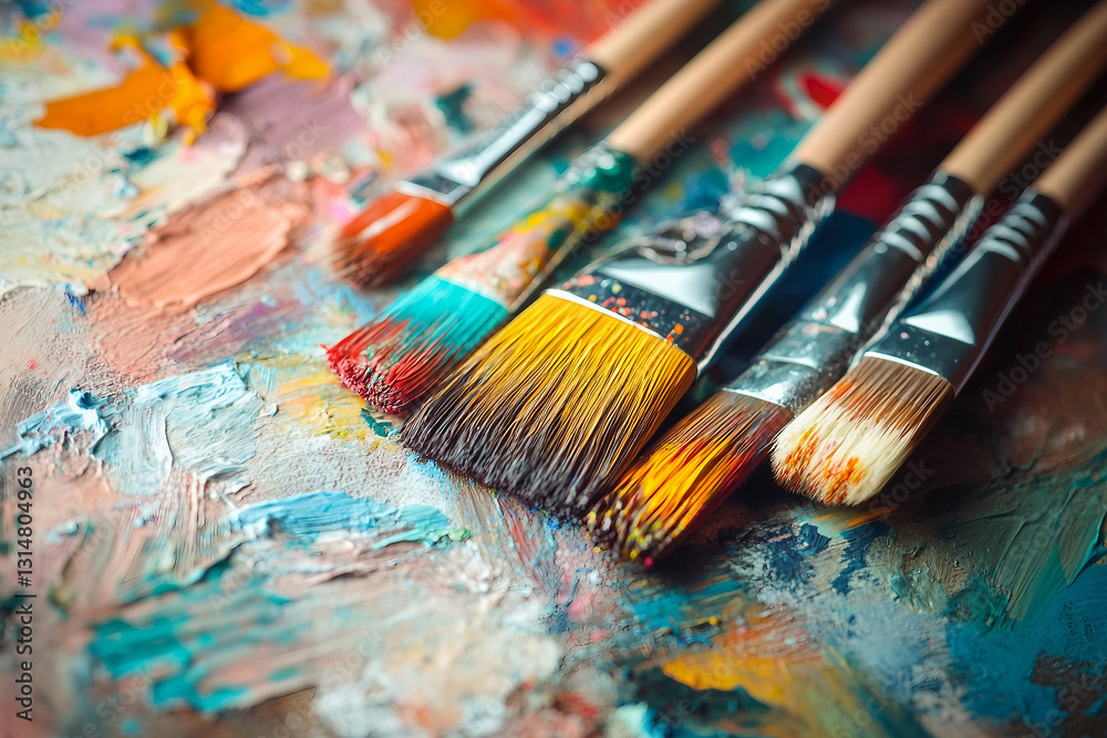 Fototapeta premium Generative AI image of painting brushes resting on a colorful textured artist canvas