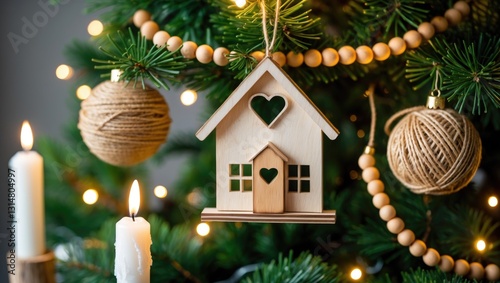 A beautifully adorned Christmas tree showcases wooden house ornaments and soft lighting. The image conveys a warm holiday ambiance, ideal for gatherings and celebrations.