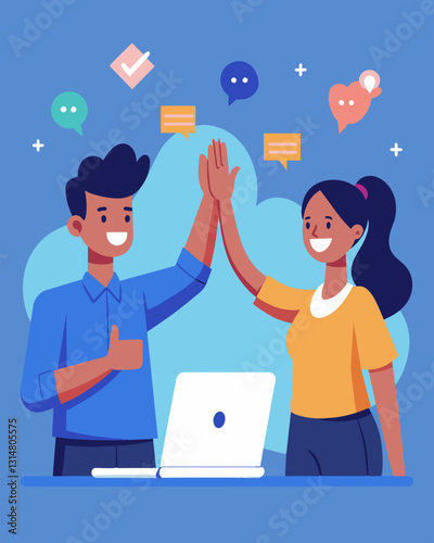 Teammates encouraging each other with virtual high fives and thumbs up as they work towards the common goal of winning the hackathon.. Vector illustration