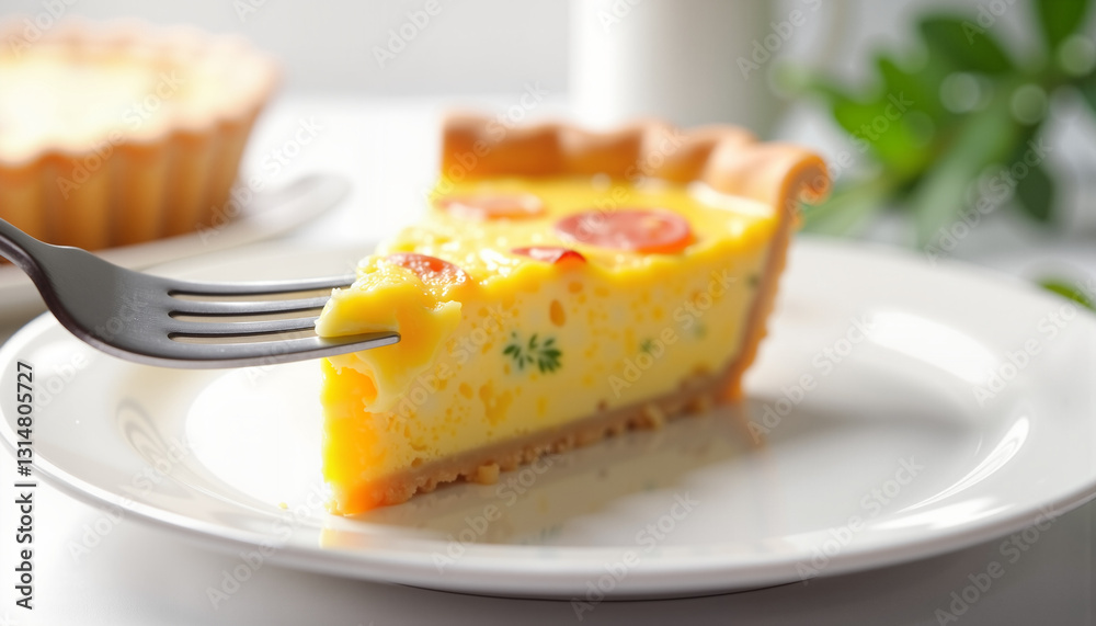 Delicious quiche slice on fork during Easter brunch, culinary delight Delicious quiche slice on fork during Easter brunch, culinary delight