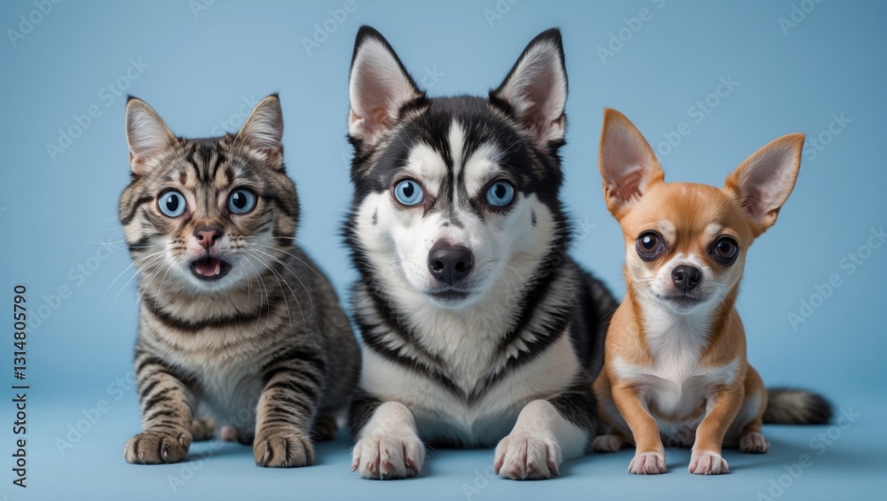 Surprised cute animals on a light blue background. Tabby cat and dogs with large eyes. Surprised cute animals on a light blue background. Tabby cat and dogs with large eyes.