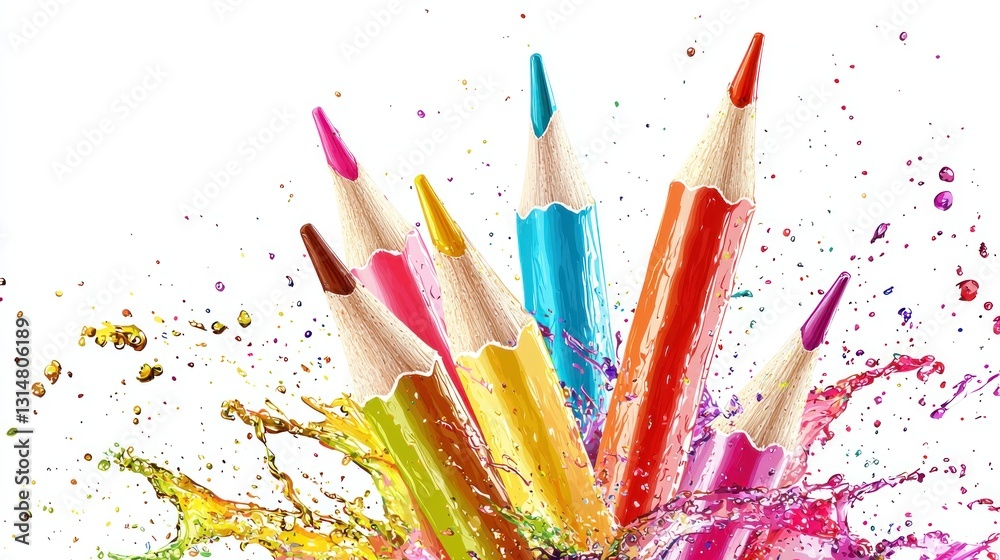 Fototapeta premium Colorful pencils in vibrant splashes; art supplies; studio shot; creative background