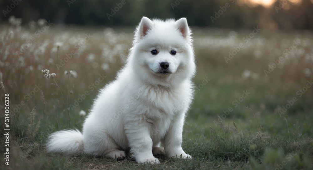 Obraz premium A serious White Samoyed Puppy sitting in a field. Adorable white fluffy dog with long fur in the park, meadow, or field. Beautiful eyes.