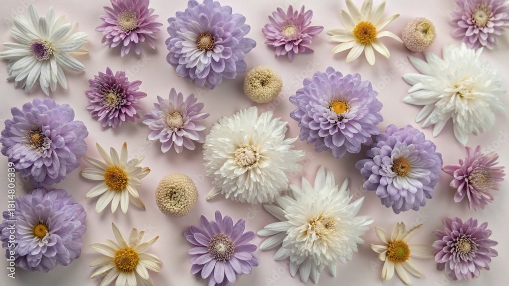Fototapeta premium Top view of violet and purple flowers spread across a white background in a stunning panoramic composition