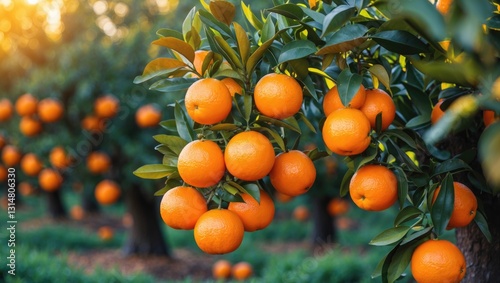 Orange garden filled with ripe oranges hanging from tree branches. Gorgeous orange trees in an orchard. Fruit trees rich with ripe fruits. Succulent citrus fruits maturing under the sun.