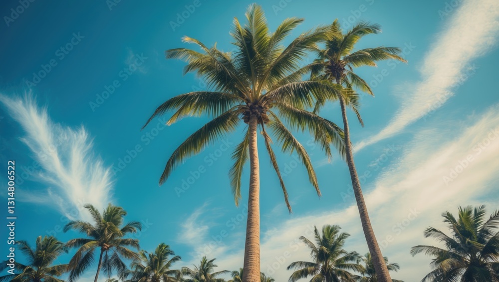 Coconut and coconut palm tree are perennial plants and fruits, coconut bunch viewed from an upward angle, aromatic coconut, young coconut for drinking.