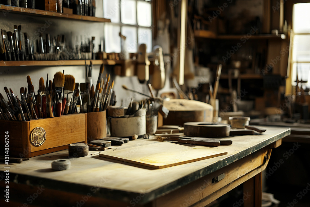 Generative AI image of a classic artist's studio with brushes, tools, and a wooden worktable in natural light Generative AI image of a classic artist's studio with brushes, tools, and a wooden worktable in natural light