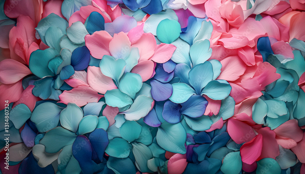 Fototapeta premium A vibrant array of pastel-colored petals in shades of pink, blue, and teal, creating a visually appealing and harmonious floral pattern Generative AI